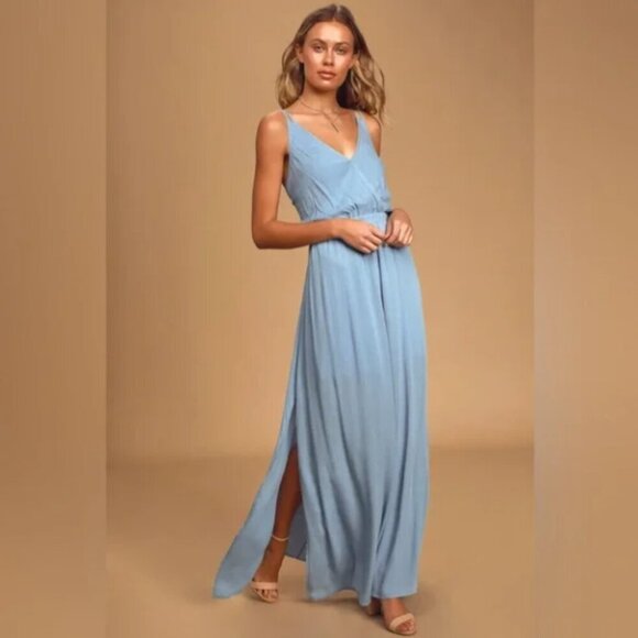 Lulu's Lost in Paradise Strappy Back Maxi Dress Slate Blue Size XS NWT - Picture 2 of 8